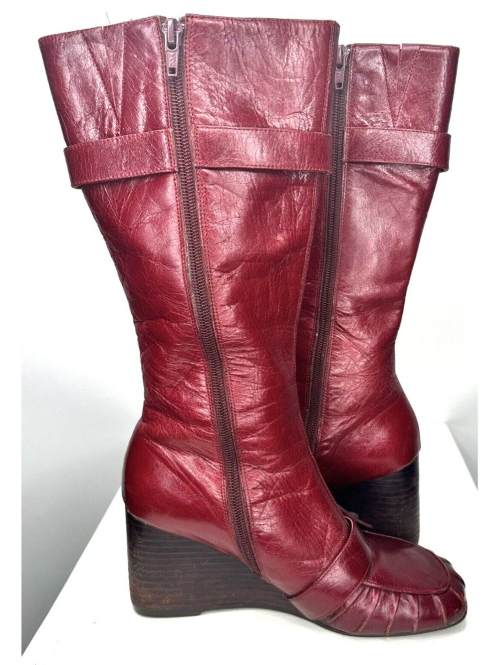 Miz Mooz Broadway Red Leather Knee High Wedge Boots Womens 6 Zip Boho Witchy - Picture 4 of 13